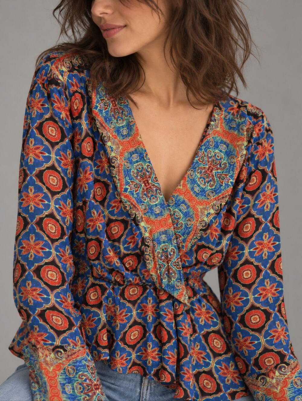 Free People Falling For You Mixed Print Faux Wrap Peplum Blouse Womens Large